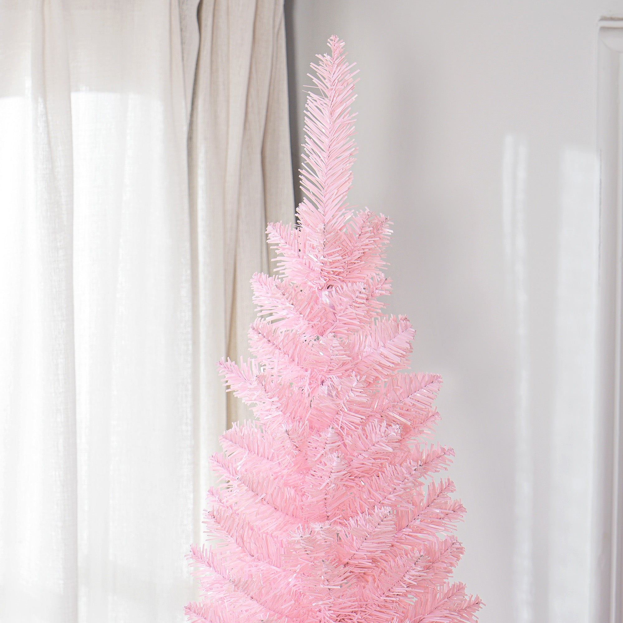 HOMCOM 8ft Pink Artificial Pencil Christmas Tree | Slim Xmas Tree with 618 Realistic Branch Tips & Plastic Stand | Flame Retardant for Home Decor