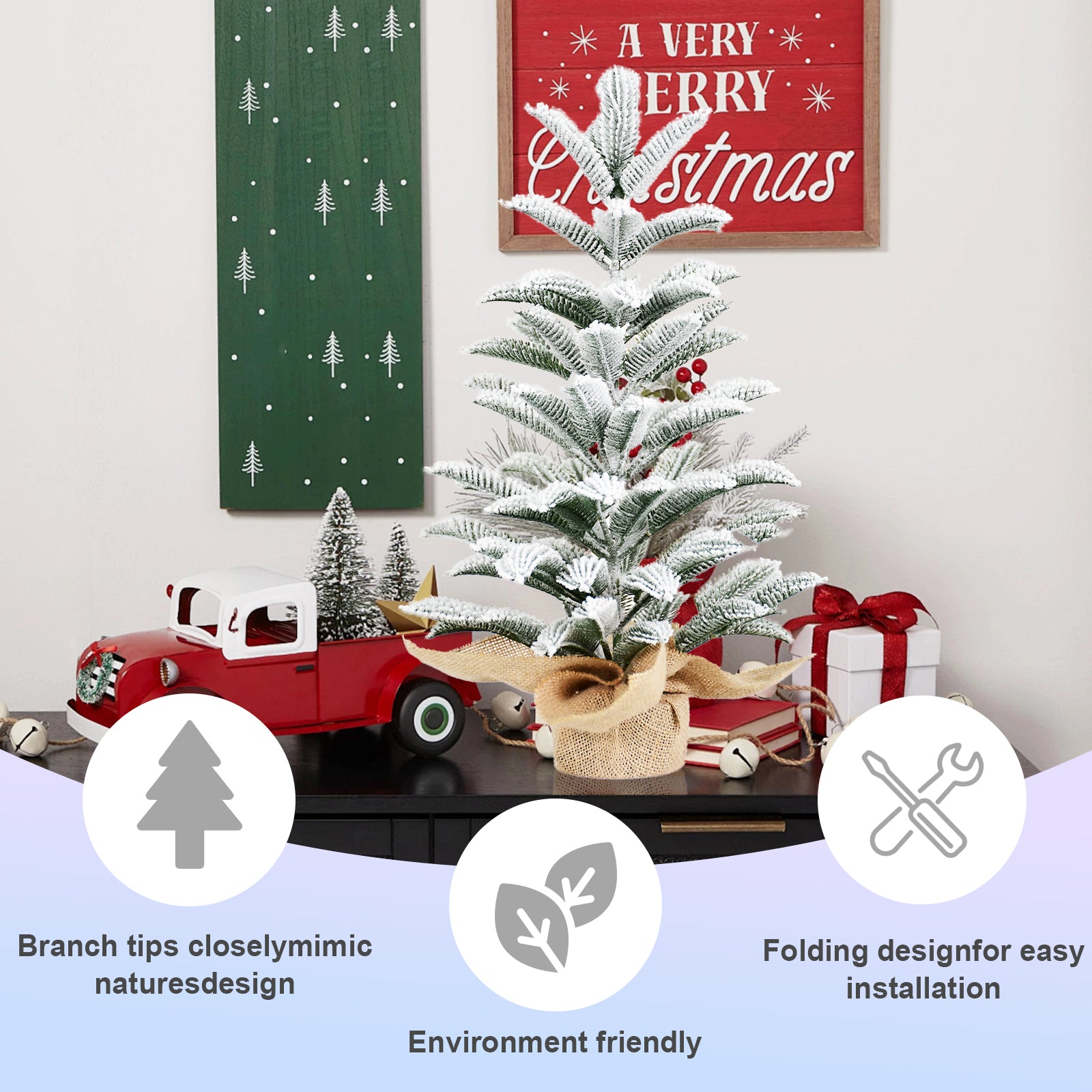 50cm Snowy PE Tabletop Christmas Tree: Realistic flocked mini tree with 85 tips &amp; burlap cement base. Perfect winter holiday decor for home, office, desk. White/Green.