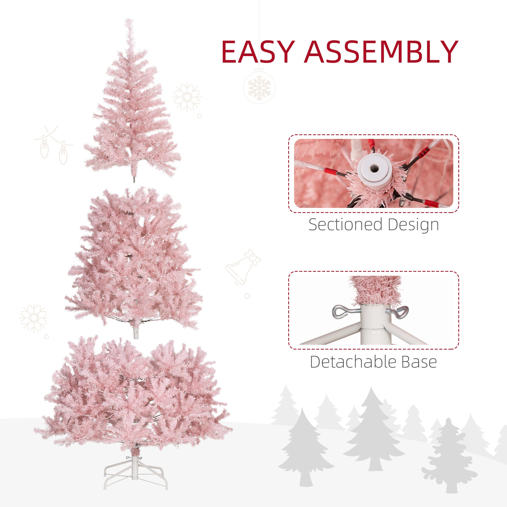HOMCOM 7.5ft Pink Douglas Fir Prelit Christmas Tree - 500 Warm White LEDs, 1346 Tips, Realistic Branches, Metal Base - Indoor Holiday Decor, Living Room & Party Essential