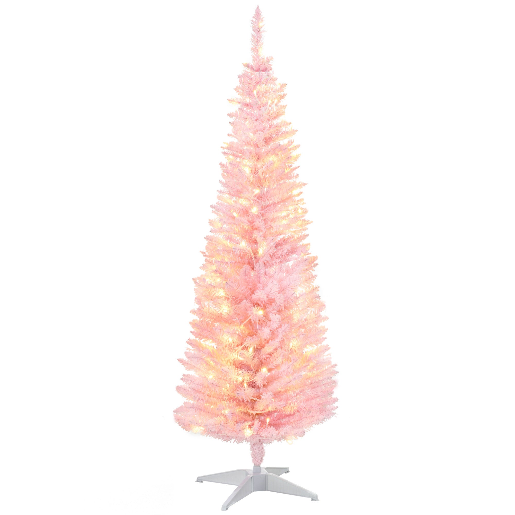 HOMCOM 5' Pink Slim Noble Fir Artificial Christmas Tree | 110 Warm White LEDs, 294 Tips | Realistic, Flame-Retardant Plastic | Easy Setup & Storage for Festive Home Decor