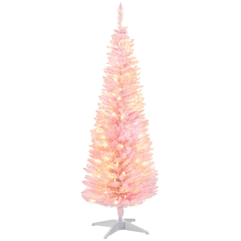 HOMCOM 5' Pink Slim Noble Fir Artificial Christmas Tree | 110 Warm White LEDs, 294 Tips | Realistic, Flame-Retardant Plastic | Easy Setup & Storage for Festive Home Decor