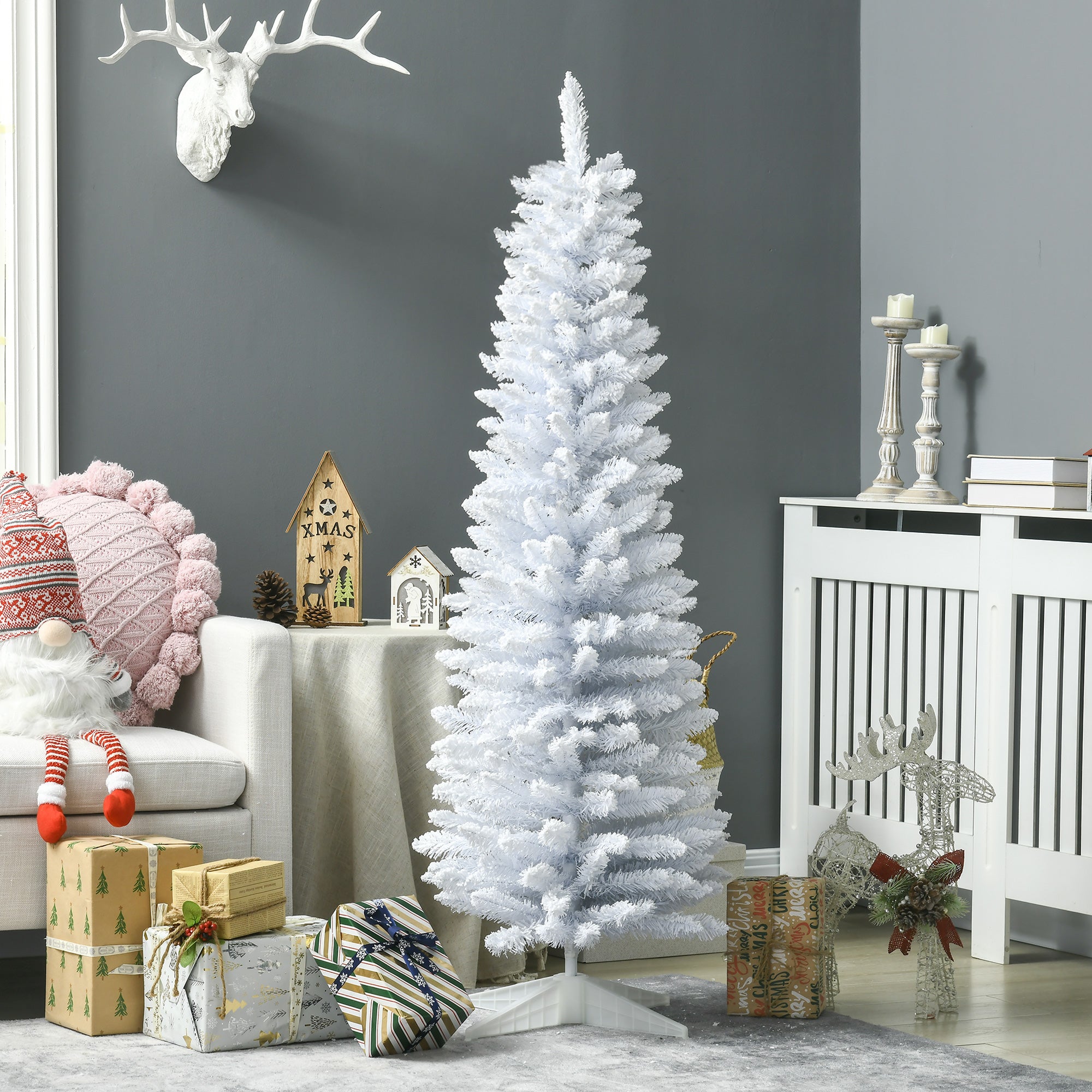 HOMCOM 5' Snow Flocked Pencil Christmas Tree - Slim White Xmas Tree with Realistic Branches & Plastic Base for Indoor Home Decoration. Easy Assembly & Storage.