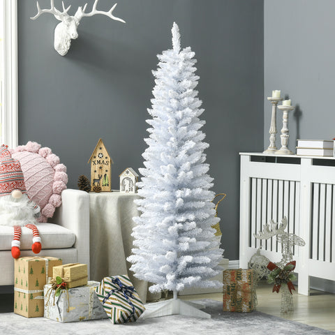 HOMCOM 5' Snow Flocked Pencil Christmas Tree - Slim White Xmas Tree with Realistic Branches & Plastic Base for Indoor Home Decoration. Easy Assembly & Storage.
