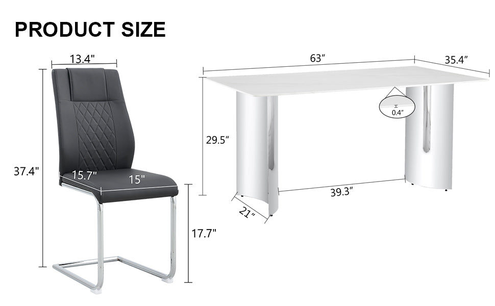 Modern Minimalist Dining Table & Chair Set | Imitation Marble Glass Top | Stainless Steel Legs | Comfortable PU Seats | Ideal for Dining Room, Kitchen, Parties | Easy Assembly | Silver | DT-69