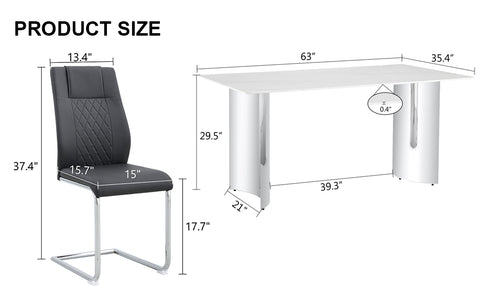 Modern Minimalist Dining Table & Chair Set | Imitation Marble Glass Top | Stainless Steel Legs | Comfortable PU Seats | Ideal for Dining Room, Kitchen, Parties | Easy Assembly | Silver | DT-69