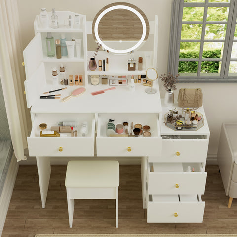 Fashion Vanity Desk with Mirror & Lights, 5 Drawers, White MDF, 47" Modern Makeup Table Set with Cushioned Stool, Adjustable 3-Color LED Lighting, Bedroom Furniture, Ideal Gift