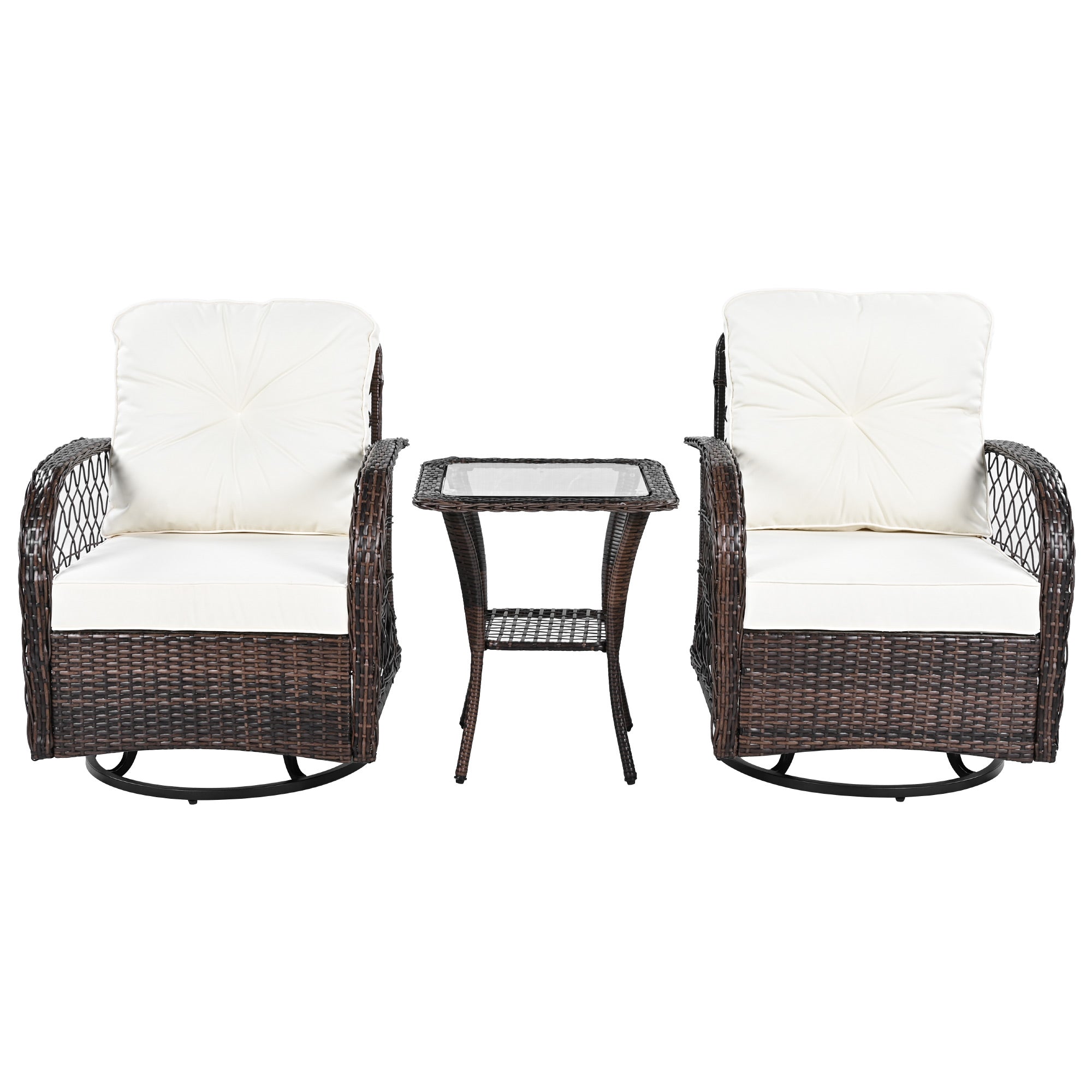 3-Piece Brown Rattan Outdoor Chat Set: 2 Swivel Rocker Chairs &amp; Glass Top Table for Garden Patio Balcony, Weather-Resistant Wicker Seating Group with Cushions