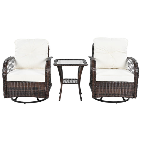 3-Piece Brown Rattan Outdoor Chat Set: 2 Swivel Rocker Chairs &amp; Glass Top Table for Garden Patio Balcony, Weather-Resistant Wicker Seating Group with Cushions