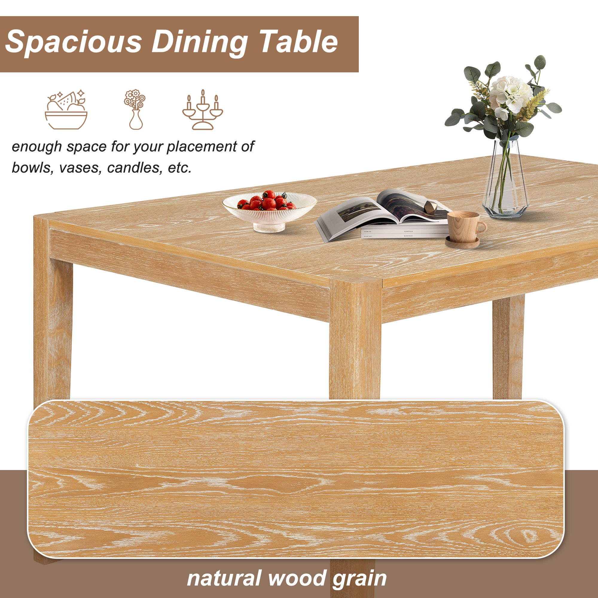 TREXM 7-Piece Retro Rectangular Wood Dining Table Set for 6 - Natural Oak Veneer & MDF with Upholstered Foam Chairs - Spacious Kitchen & Dining Room Furniture - Durable Solid Wood Legs