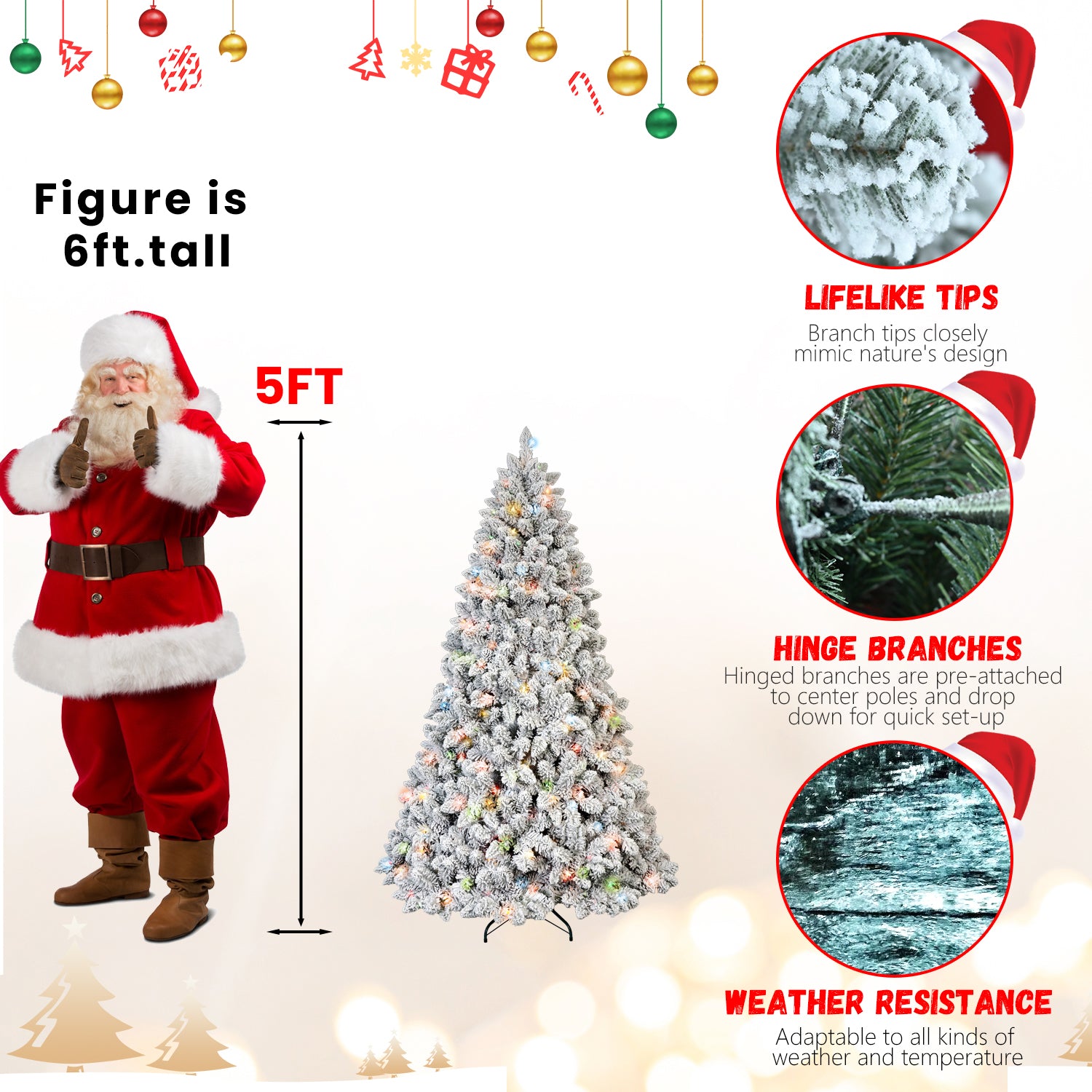 4FT Snow-Flocked Christmas Tree | 150 Colorful UL Lights | 21 Natural Pine Cones | 366 Snowy PVC Tips | Hinged Branches | Metal Stand | Easy Setup | Winter Wonderland Decor