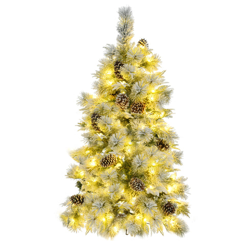 4FT Snow Flocked Spruce Christmas Tree | Mixed PE & PVC Branches, Pine Cones | 120 Multi-Color LED Lights, 11 Modes | Durable Metal Base | Festive Holiday Home Decor