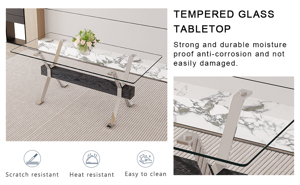 Elegant 8-Seater Dining Set: 71" Clear Tempered Glass Table &amp; 8 Light Gray PU Chairs with Silver Metal Legs for Modern Kitchens &amp; Dining Rooms