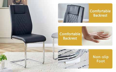 55" Cream-Style White MDF Dining Table Set with 6 Black PU Chairs & Silver Metal Legs - Modern Kitchen Furniture for Family Meals, Seats 6, Durable & Easy Assembly