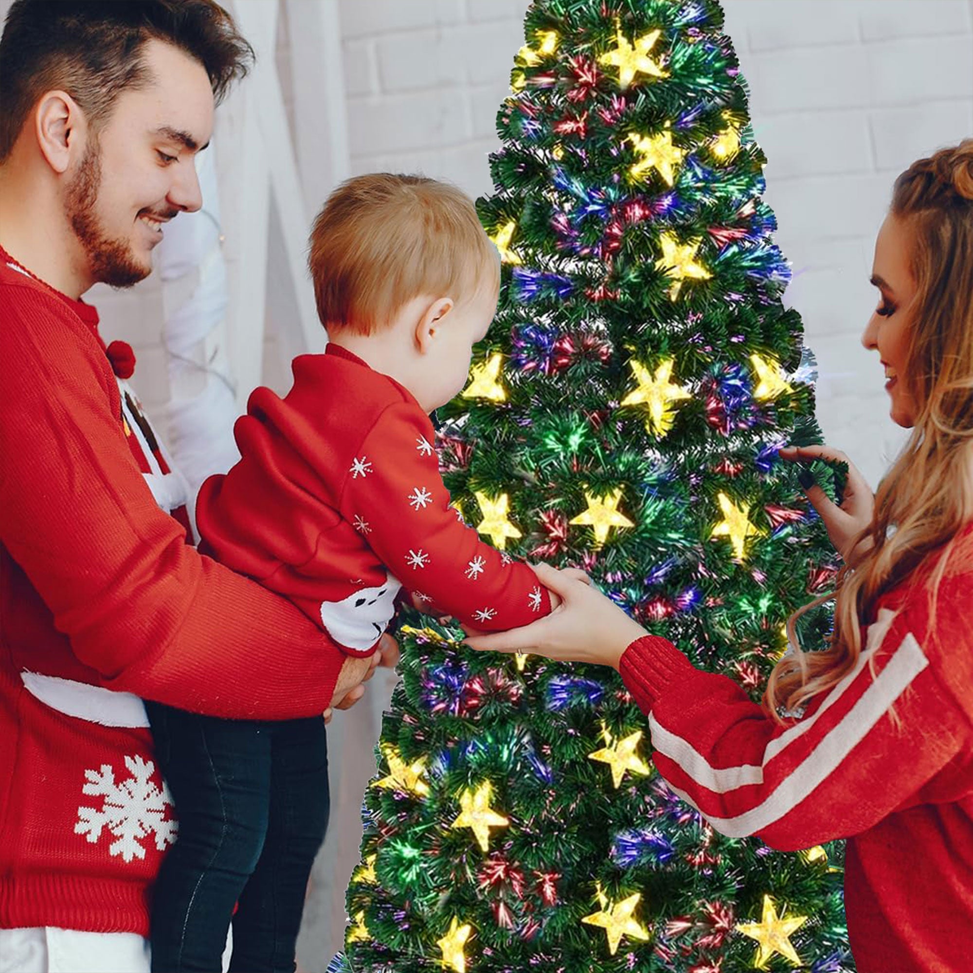 7FT Pre-Lit Fiber Optic Christmas Tree Green Spruce with 245 LED Warm White Lights &amp; Star Topper. Realistic PVC Needles, Stable Metal Stand. Indoor Holiday Decor for Home &amp; Office.