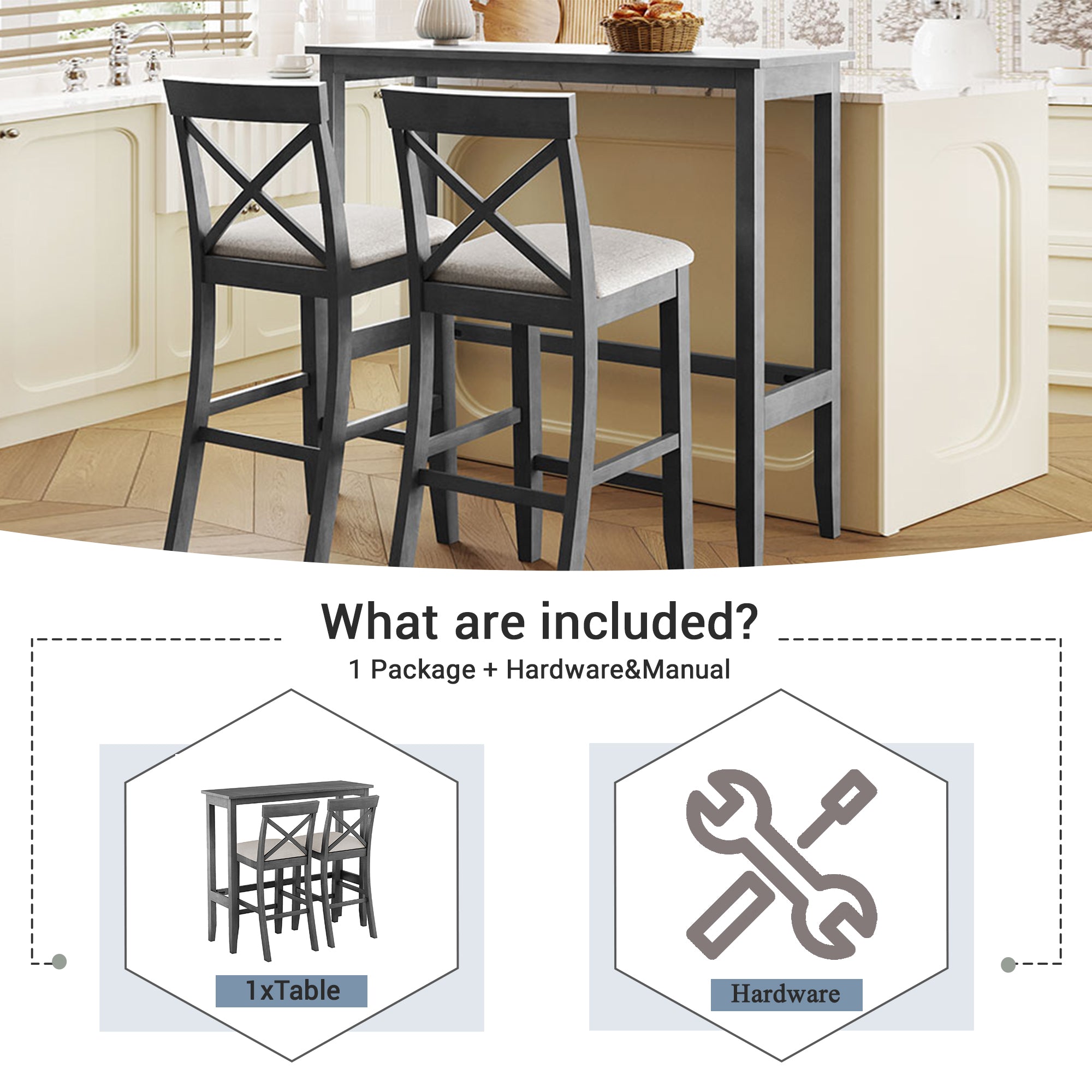 TOPMAX Farmhouse 48" Rectangular Wood Bar Height Dining Set for Small Kitchens & Breakfast Nooks - Gray Frame & Beige Cushions, Seats 2, Acacia Wood, Space-Saving Design