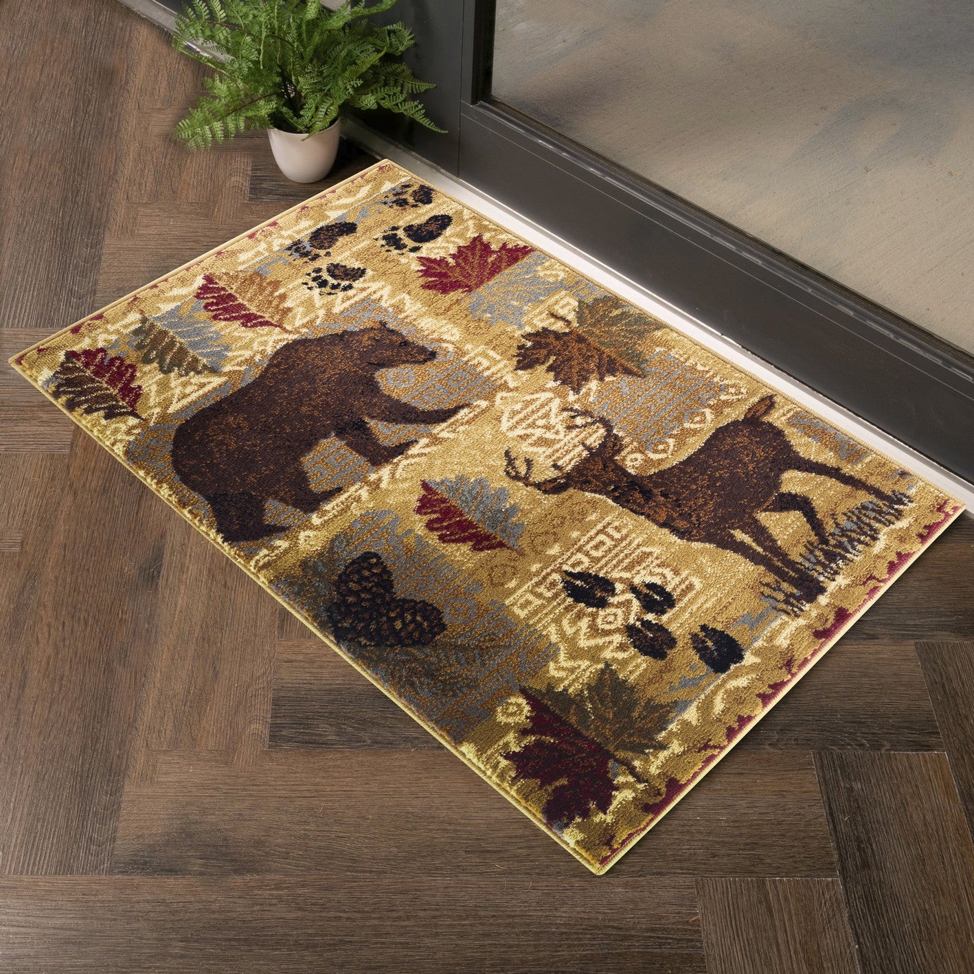 Nature's Nest Lodge Area Rug - 7'10" x 10'3" Beige Polypropylene, Southwestern Deer & Bear Motif, Stain-Resistant, Durable for High-Traffic Home Entryways & Living Rooms