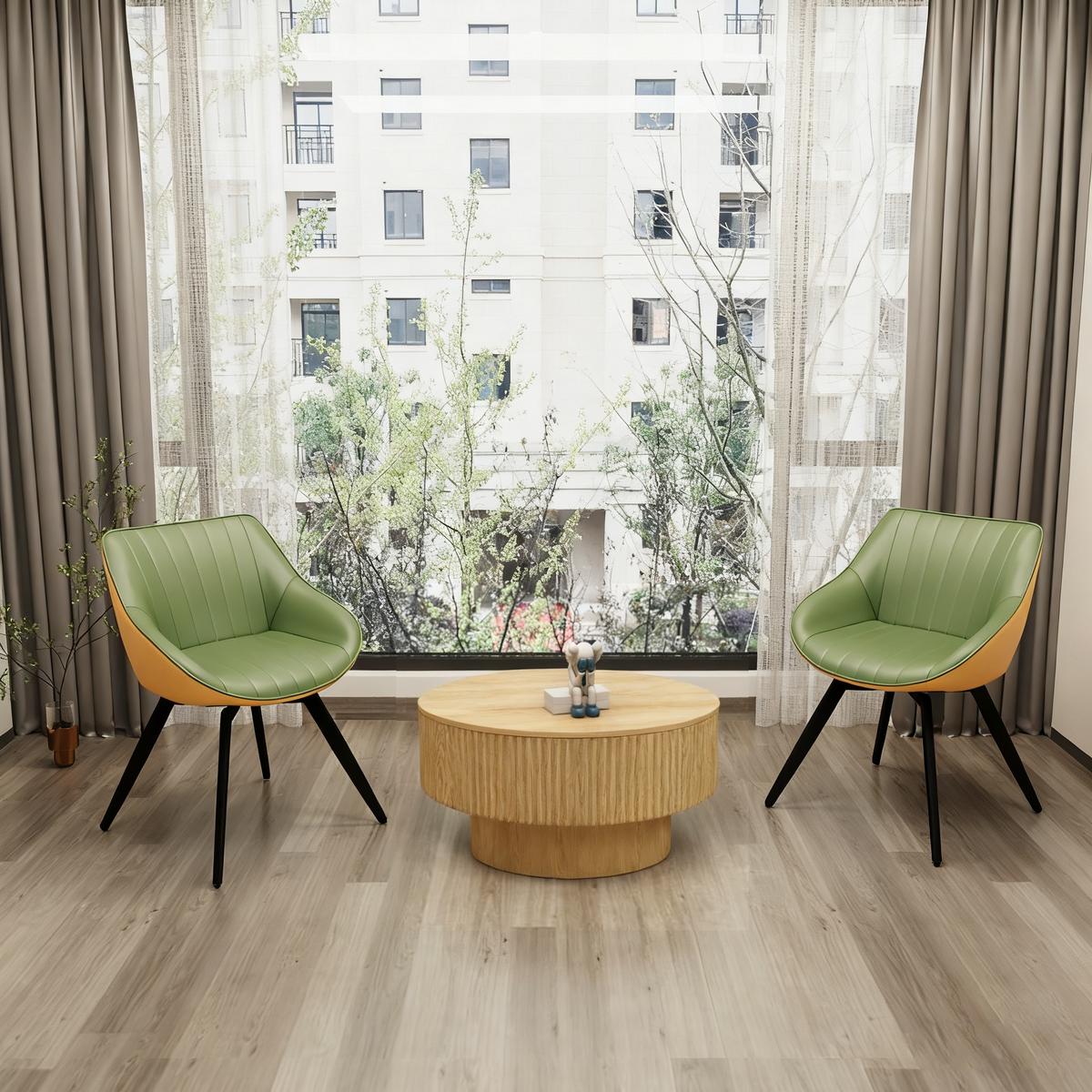 29.5" Modern Round MDF Coffee Table with Storage & 2 Ergonomic PU Dining Chairs - Ring Stripe Design, Black Metal Legs - Ideal for Kitchen, Living Room, Home Office Decor