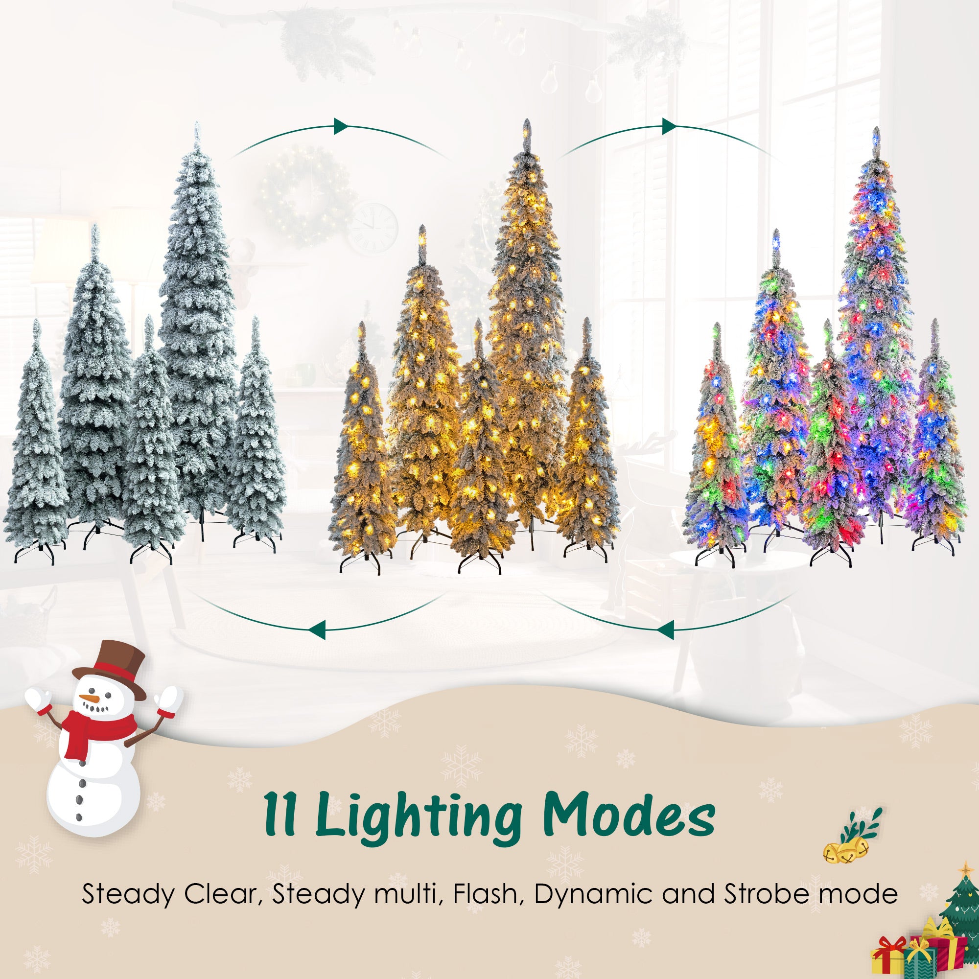 5-Set Pre-Lit Pencil Christmas Trees: 8ft, 6ft, 4ft Slim Artificial Trees w/ Snow Flocking, 350 LED Lights, 11 Modes, Realistic PVC, Indoor Holiday Decor