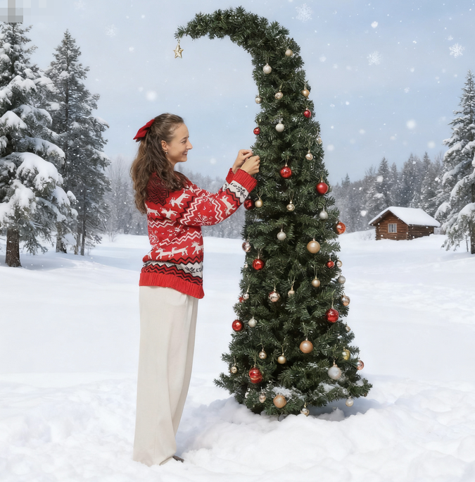 7ft Prelit Bent Top Christmas Tree: Slim High Mountain Fir with 300 Warm White LEDs & 8 Modes, Whimsical Santa Hat Design, Metal Stand, Flame-Retardant Plastic, Green, 84" Tall for Cozy Home Decor