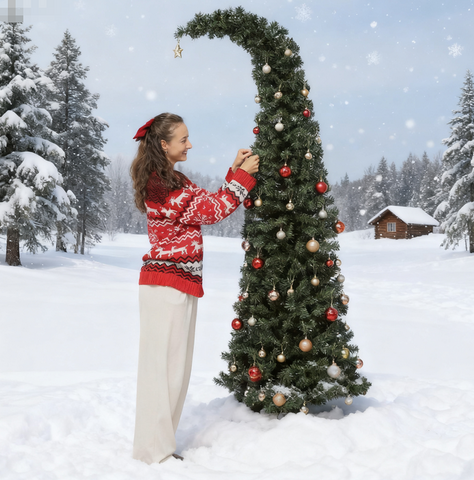 7ft Prelit Bent Top Christmas Tree: Slim High Mountain Fir with 300 Warm White LEDs & 8 Modes, Whimsical Santa Hat Design, Metal Stand, Flame-Retardant Plastic, Green, 84" Tall for Cozy Home Decor