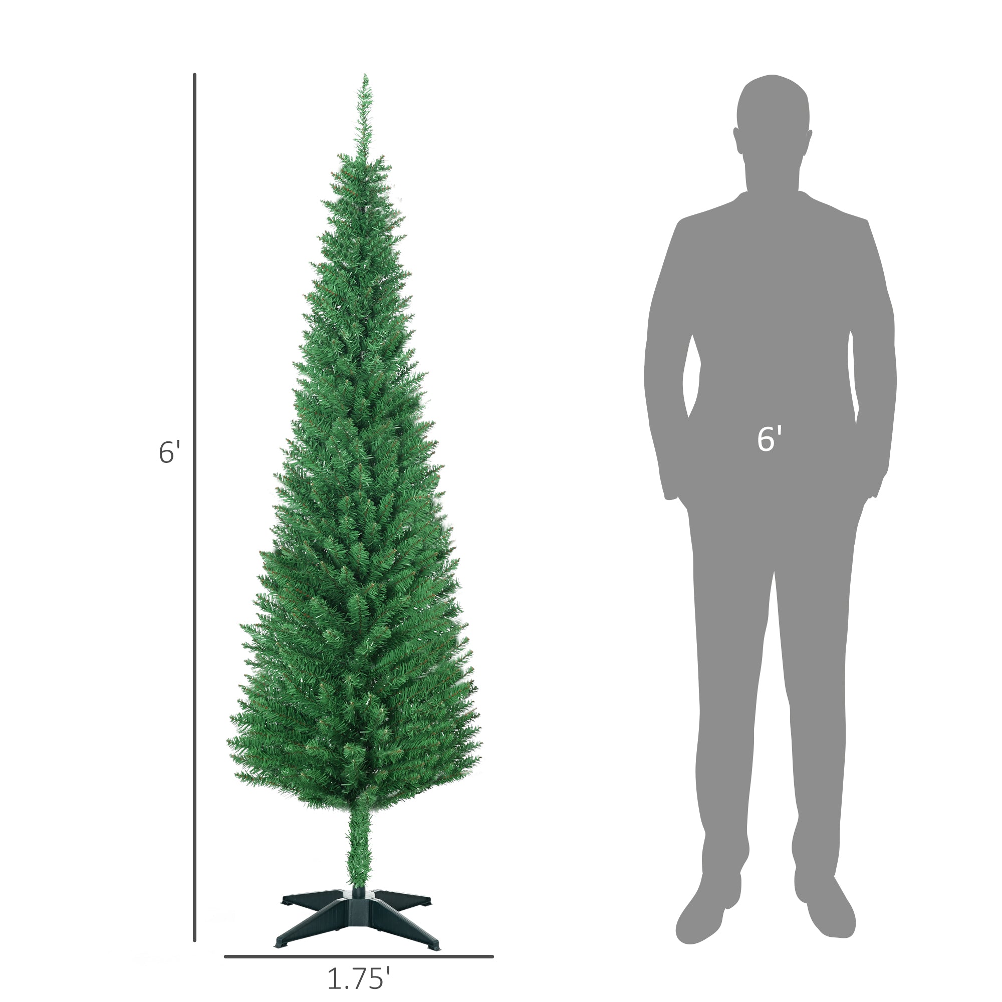 HOMCOM 6ft Slim Pencil Christmas Tree | Realistic Light Green Unlit Xmas Tree with 390 Branch Tips &amp; Plastic Stand | Perfect for Cozy Home Decor &amp; Holiday Ambiance