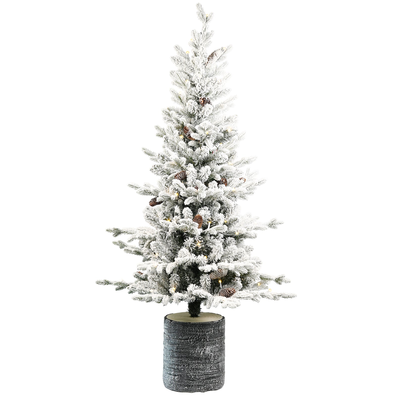 6.5FT Flocked White Christmas Tree with Pot Base: 350 Warm White LEDs, 1386 PE+PVC Snow-Frosted Tips, 31 Pine Cones - Realistic Prelit Holiday Decor for Tabletop, Entryway, Home