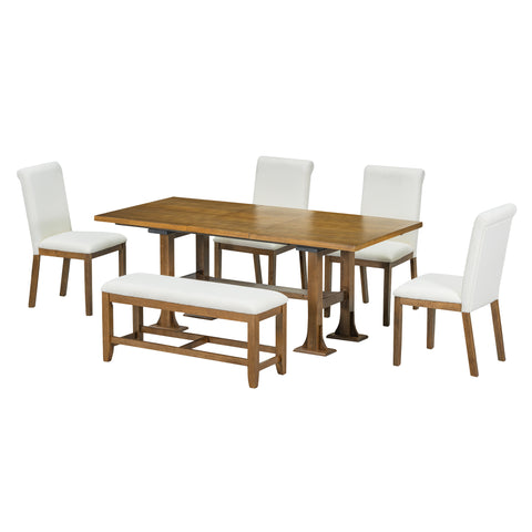 TOPMAX Farmhouse 76" Extendable Dining Table Set for 6: Dark Brown Solid Wood Trestle Kitchen Table w/ 18" Removable Leaf, Upholstered Chairs & Bench for Dining Room