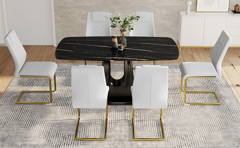 Modern Minimalist Dining Table Set with Imitation Marble Glass Top & Comfortable Chairs, Seats 4-8, U-Bracket MDF Legs, Black+Gold, Perfect for Dining & Living Rooms