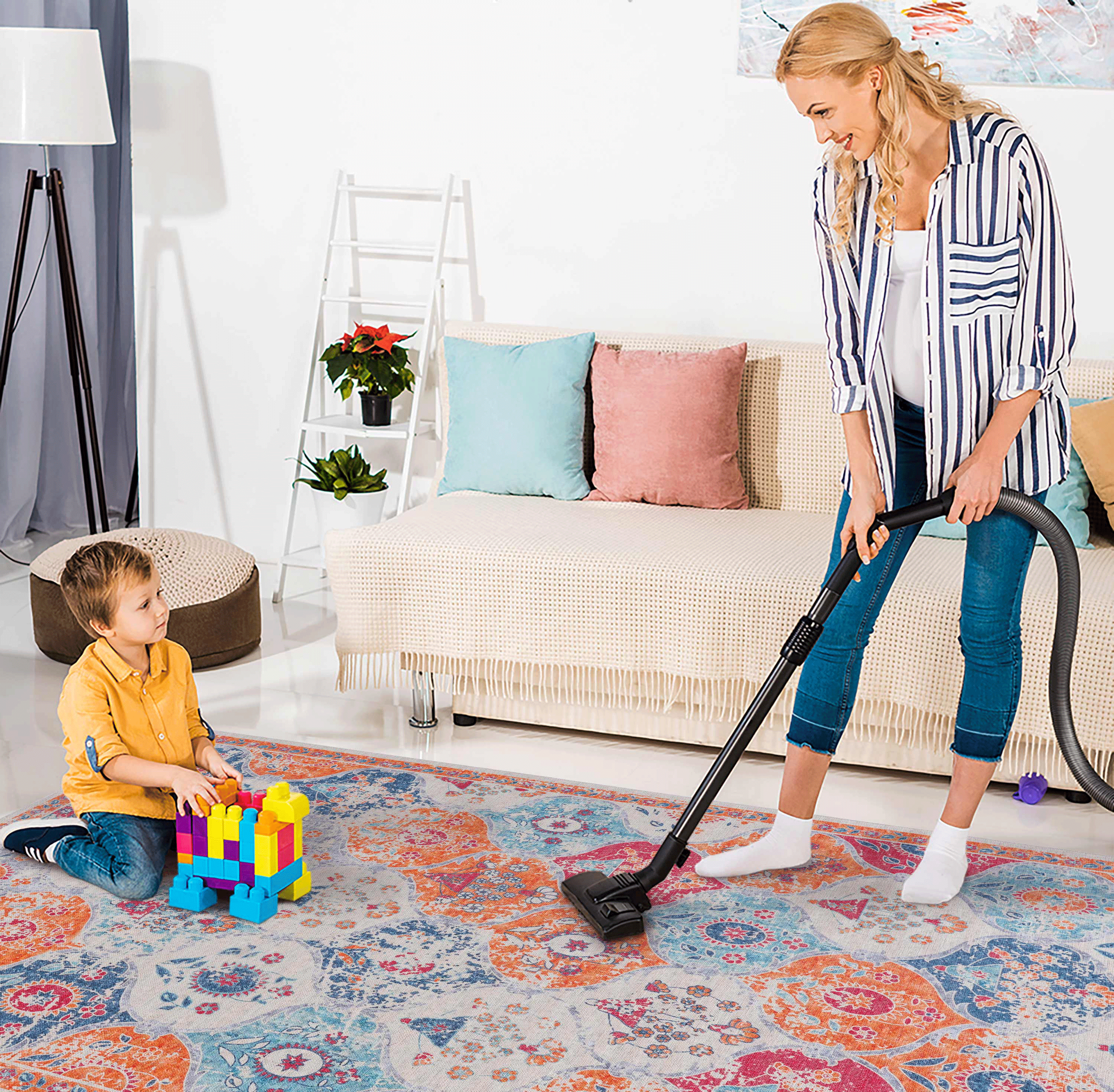 MAVAL Cream Washable Area Rug 6x9 - Soft, Non-Slip, Stain-Resistant Chenille Polyester for Living Room, Bedroom, Hallway, Kitchen - Easy Clean, Low Pile, Pet & Family Friendly