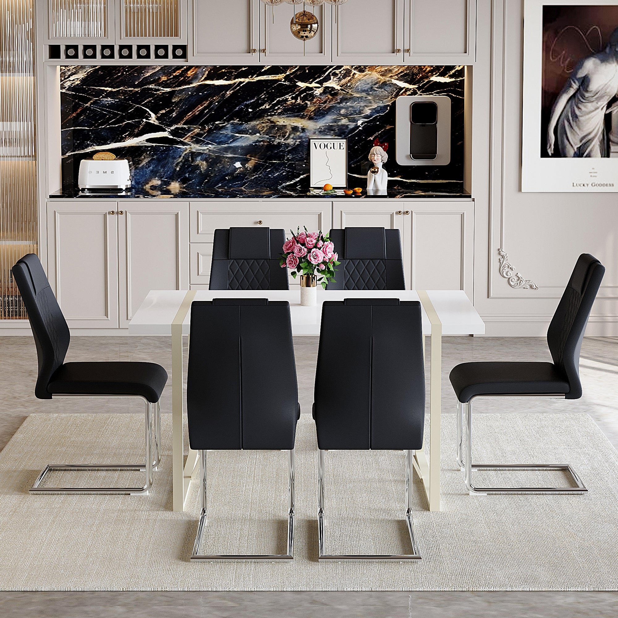 55" Cream-Style White MDF Dining Table Set with 6 Black PU Chairs & Silver Metal Legs - Modern Kitchen Furniture for Family Meals, Seats 6, Durable & Easy Assembly