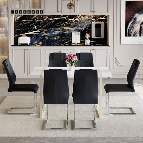 55" Cream-Style White MDF Dining Table Set with 6 Black PU Chairs & Silver Metal Legs - Modern Kitchen Furniture for Family Meals, Seats 6, Durable & Easy Assembly