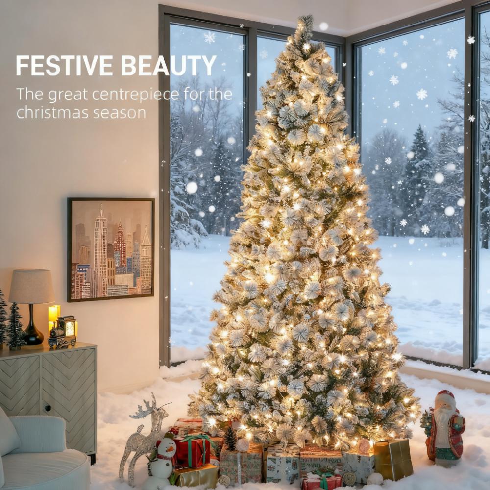 9ft Flocked Fir Christmas Tree with 750 Warm White Clear Lights - Realistic Snow-Dusted Artificial Tree for Cozy Indoor Holiday Home &amp; Office Decor