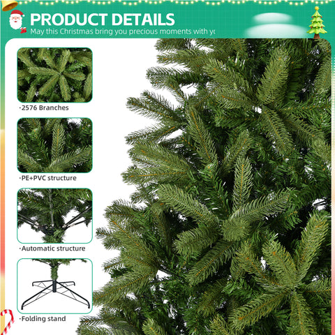 9Ft Premium Green Spruce Artificial Christmas Tree: 2576 PE/PVC Mixed Tips, Unlit Hinged Holiday Decor with Foldable Metal Stand for Easy Assembly &amp; Indoor/Outdoor Use