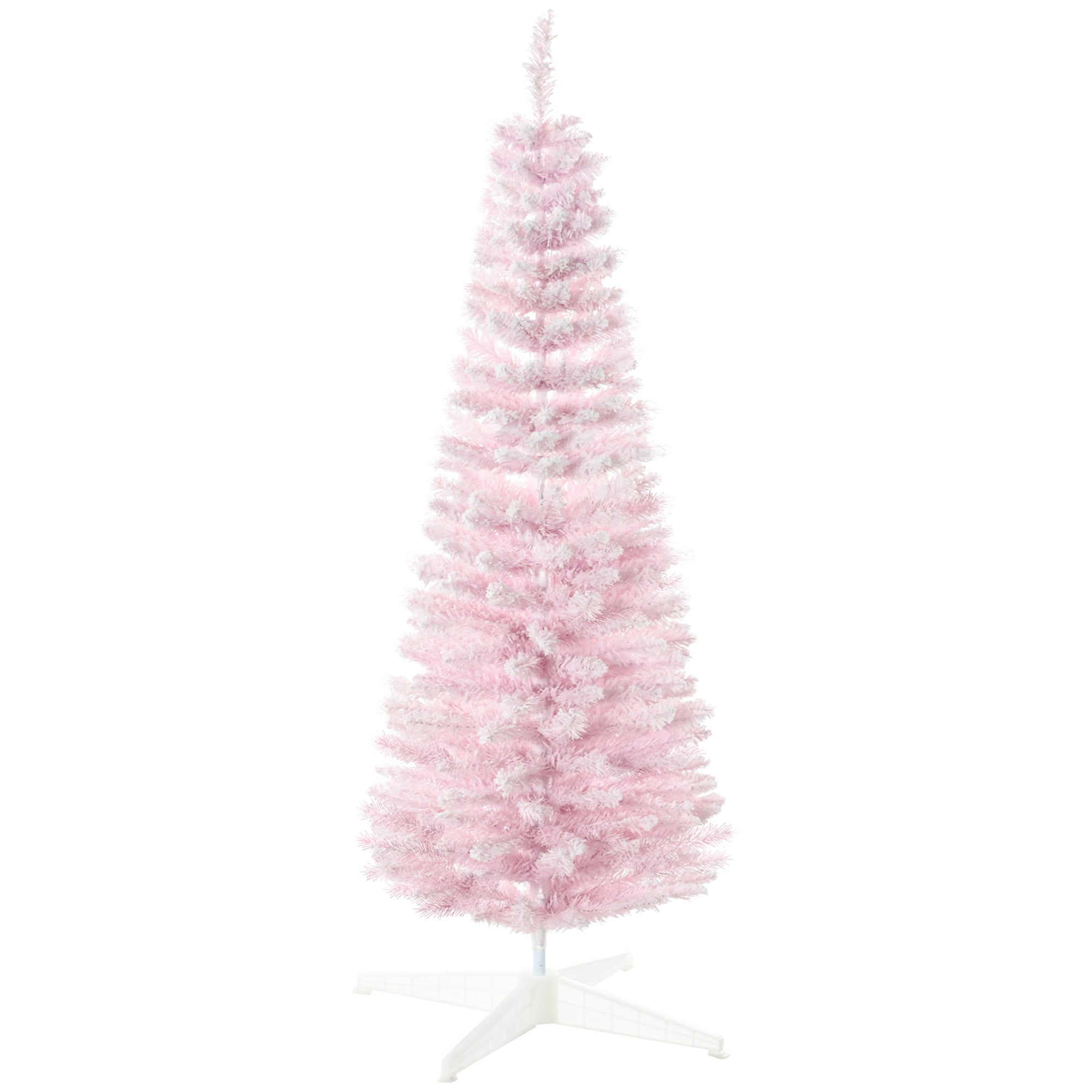 HOMCOM 5' Pink Snow Flocked Pencil Christmas Tree - Slim, Realistic Artificial Xmas Tree with Flame-Retardant Plastic Base for Indoor Holiday Decoration