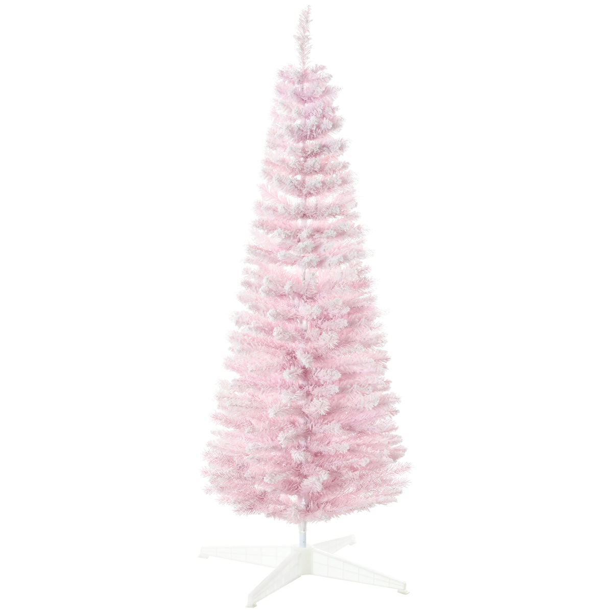 HOMCOM 5' Pink Snow Flocked Pencil Christmas Tree - Slim, Realistic Artificial Xmas Tree with Flame-Retardant Plastic Base for Indoor Holiday Decoration