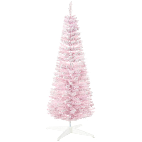 HOMCOM 5' Pink Snow Flocked Pencil Christmas Tree - Slim, Realistic Artificial Xmas Tree with Flame-Retardant Plastic Base for Indoor Holiday Decoration