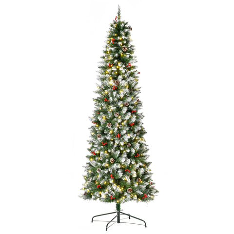HOMCOM 7.5ft Pre-Lit Snow-Dipped Artificial Christmas Tree | 350 LED Lights, 1075 Tips, Pine Cones &amp; Berries | Realistic PVC Green Tree for Indoor Holiday Decor