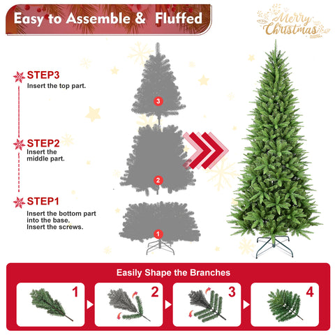 9FT Slim Green Christmas Tree: 2152 Realistic PE+PVC Tips, Hinged Design, Stable Metal Stand – Perfect for Apartments, Corners & Small Spaces