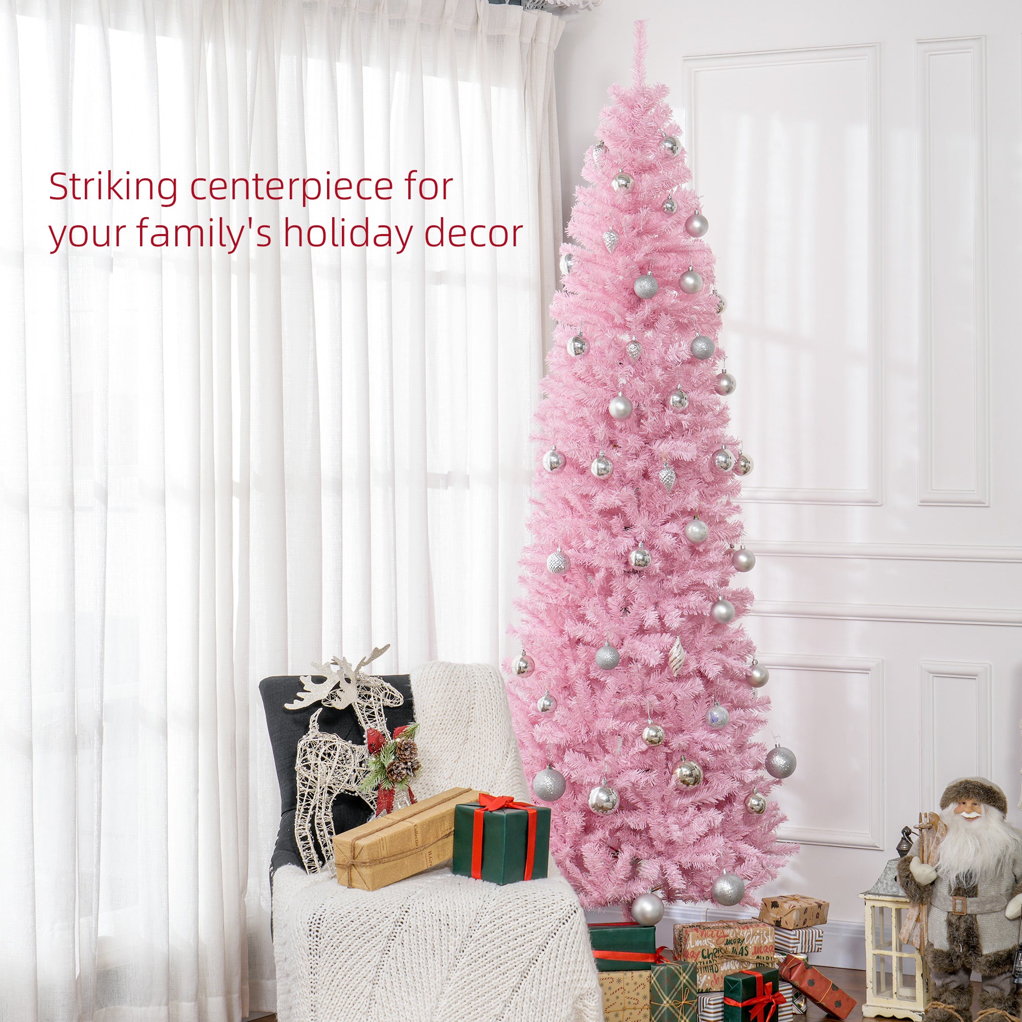 HOMCOM 8ft Pink Slim Douglas Fir Artificial Christmas Tree | 1168 Realistic Branch Tips | Easy Assembly | Steel Base | Perfect for Apartments &amp; Small Spaces