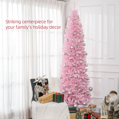 HOMCOM 8ft Pink Slim Douglas Fir Artificial Christmas Tree | 1168 Realistic Branch Tips | Easy Assembly | Steel Base | Perfect for Apartments &amp; Small Spaces
