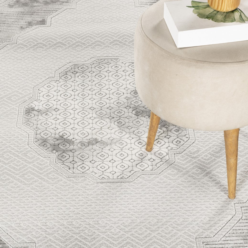 Geometrix 5'3" x 7'3" Gray &amp; Ivory Medallion Area Rug - Soft Polyester Pile, Durable &amp; Stain Resistant for Living Room, Bedroom, High Traffic Areas, Made in Turkey