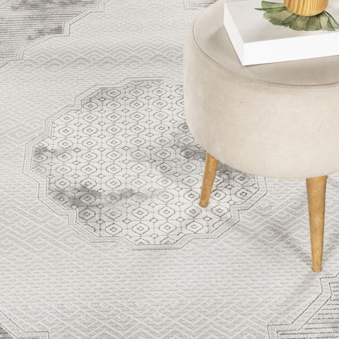 Geometrix 5'3" x 7'3" Gray &amp; Ivory Medallion Area Rug - Soft Polyester Pile, Durable &amp; Stain Resistant for Living Room, Bedroom, High Traffic Areas, Made in Turkey