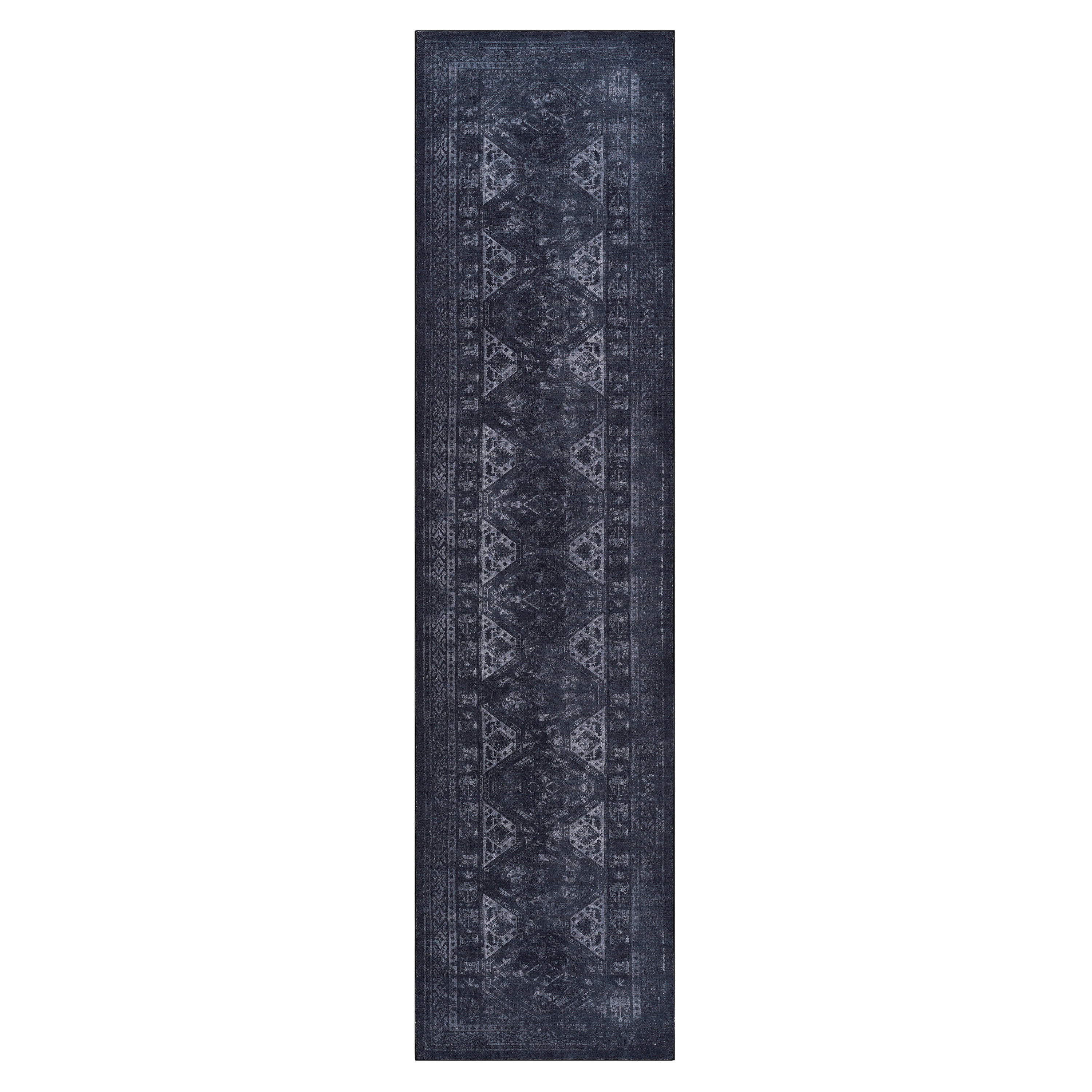 MAVAL Black Washable Runner Rug 2'6"x10' | Stain-Resistant Chenille Polyester | Non-Slip TPR Backing | Low Pile for Hallway, Kitchen, Living Room, Entryway | Turkish Made