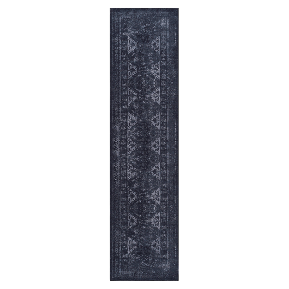 MAVAL Black Washable Runner Rug 2'6"x10' | Stain-Resistant Chenille Polyester | Non-Slip TPR Backing | Low Pile for Hallway, Kitchen, Living Room, Entryway | Turkish Made