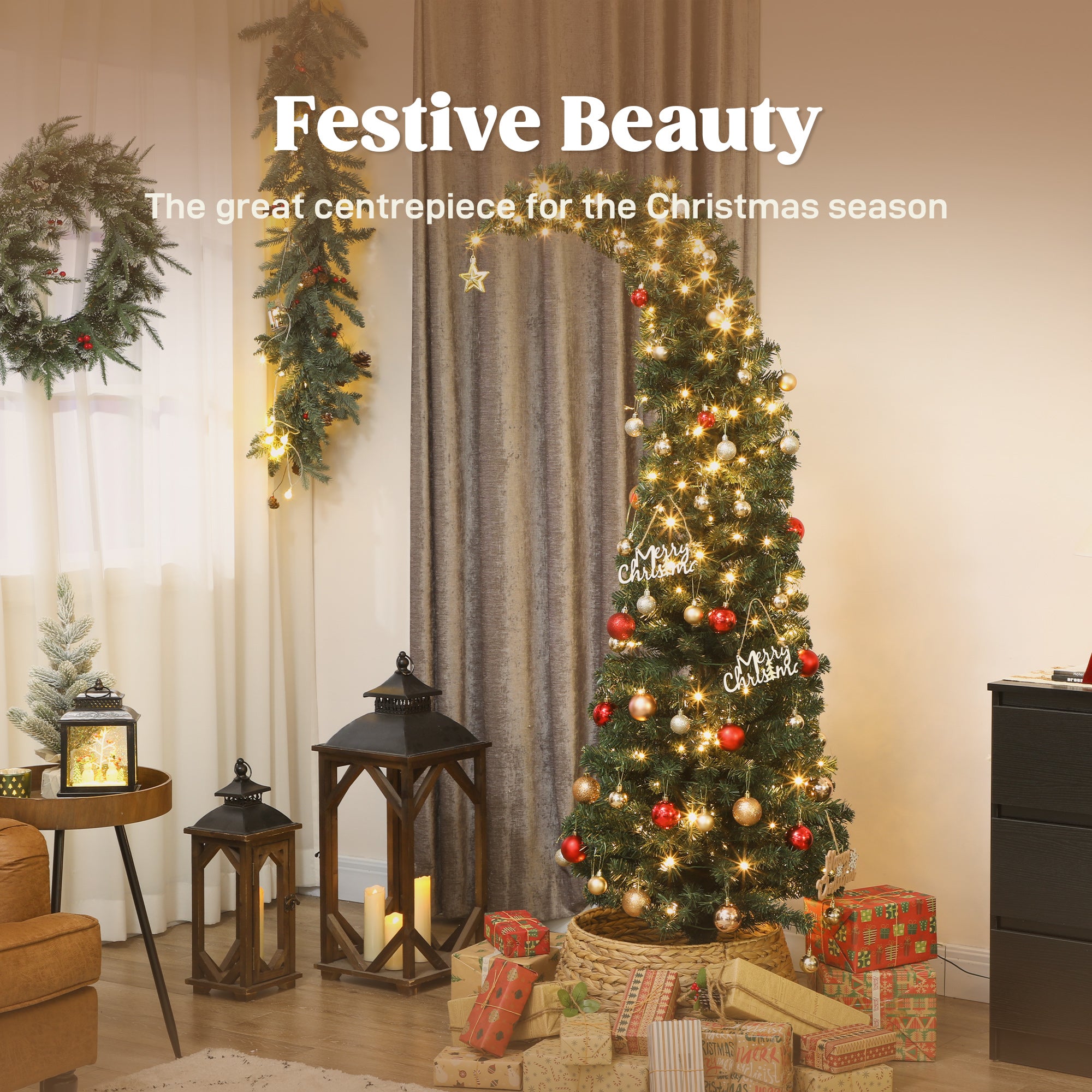 6ft Slim High Mountain Fir Christmas Tree | Whimsical Bent Top Design | 200 Warm White LEDs, 8 Modes | 493 Tips | Metal Stand | Indoor Green Tree