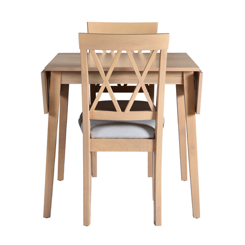 3-Piece Natural Drop Leaf Dining Set: Extendable Kitchen Table & 2 Upholstered Chairs for Small Spaces, Solid Rubberwood & MDF, Modern Farmhouse Style, Compact Dining Room Furniture