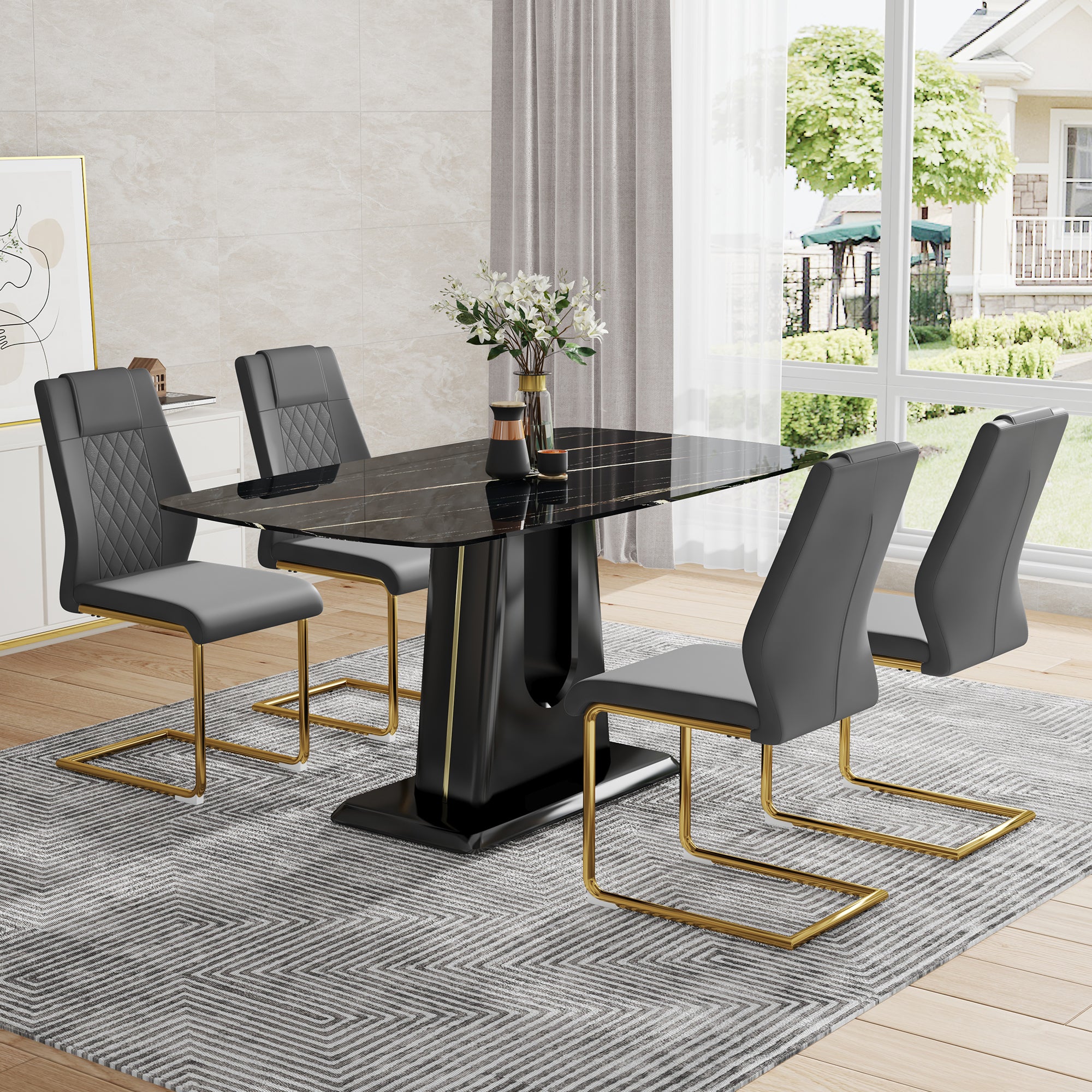 Modern Minimalist Dining Table Set with Imitation Marble Glass Top &amp; U-Bracket Legs - Seats 4-8 - Black &amp; Gold MDF - Perfect for Dining &amp; Living Rooms