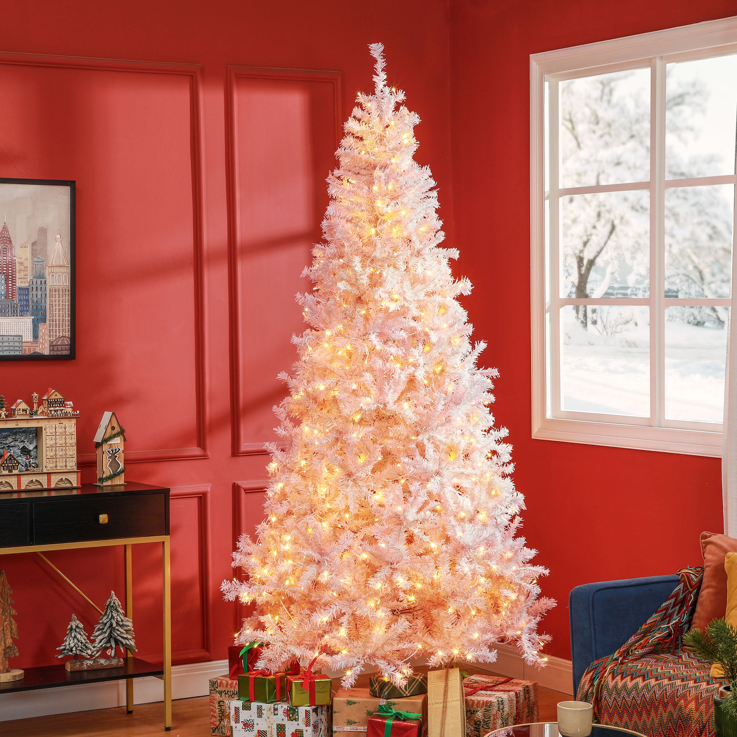 HOMCOM 7.5ft Pink Douglas Fir Prelit Christmas Tree - 500 Warm White LEDs, 1346 Tips, Realistic Branches, Metal Base - Indoor Holiday Decor, Living Room & Party Essential