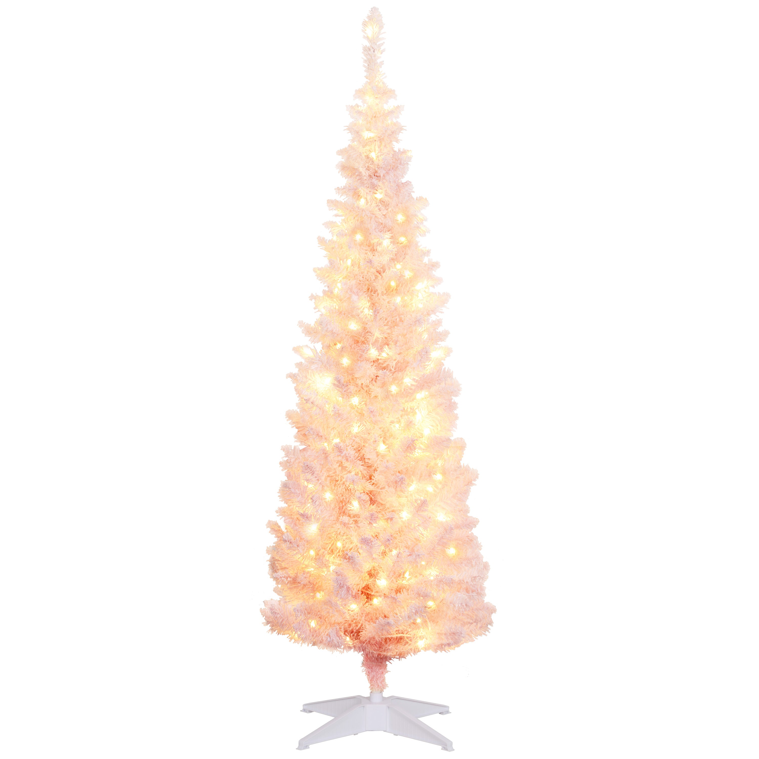 HOMCOM 5' Pink Pre-Lit Slim Noble Fir Artificial Christmas Tree - Snow-Flocked, 160 Warm White LEDs, 294 Tips, Flame-Retardant Plastic - Perfect for Indoor Holiday Decor