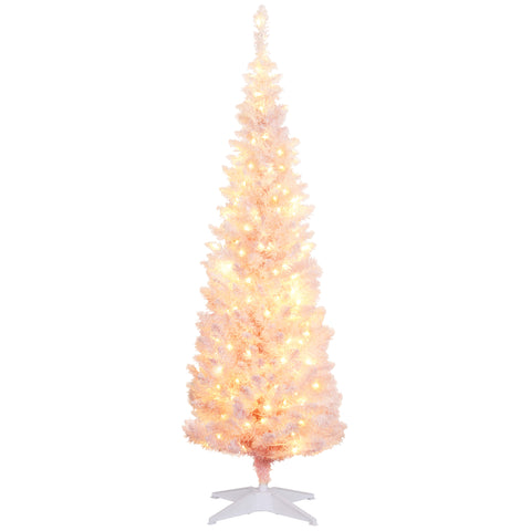 HOMCOM 5' Pink Pre-Lit Slim Noble Fir Artificial Christmas Tree - Snow-Flocked, 160 Warm White LEDs, 294 Tips, Flame-Retardant Plastic - Perfect for Indoor Holiday Decor